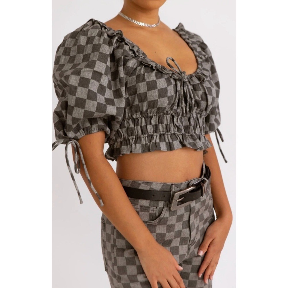 Sofie the Label Checkerboard Square Neck Puff Sleeve Crop Top Women's SZ M